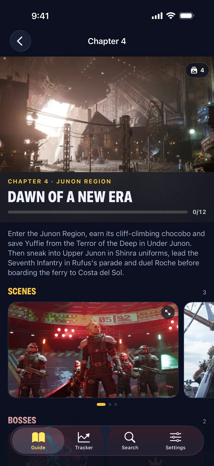 The walkthrough for Chapter 4, Dawn of a New Era, with its scenes and bosses.