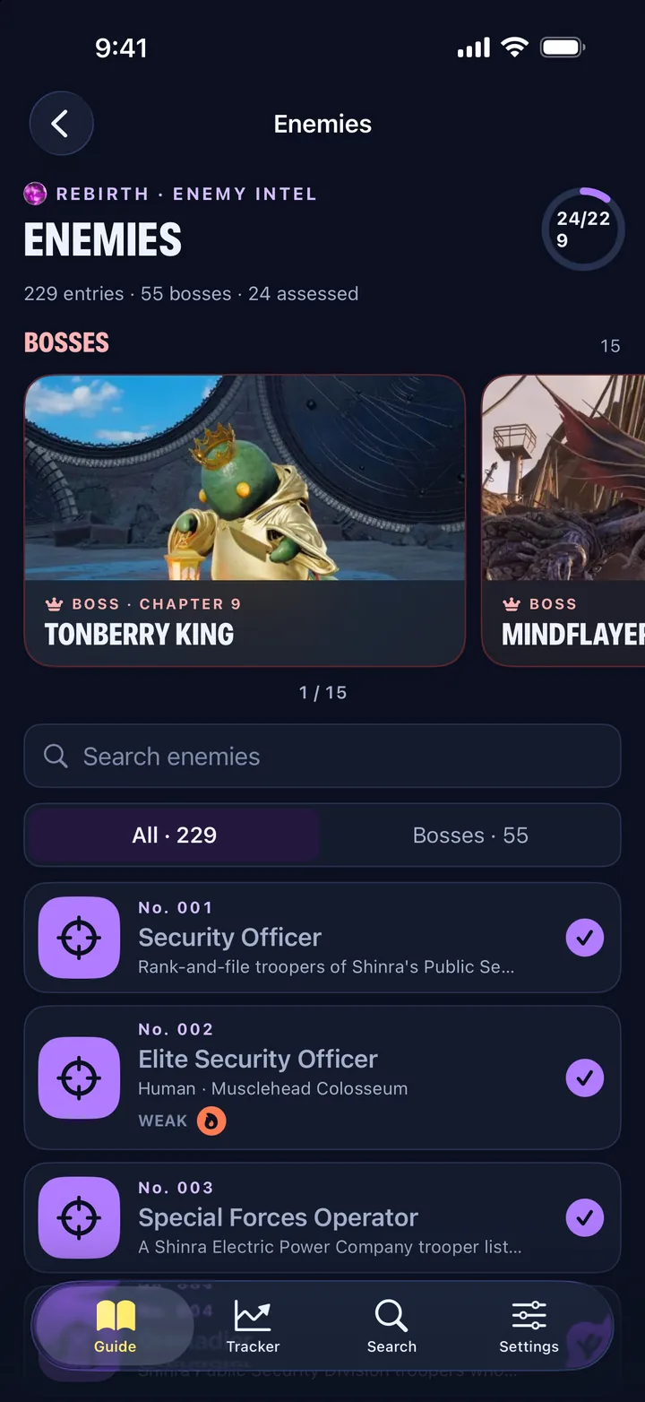 Rebirth enemy intel listing 229 entries and 55 bosses, including Tonberry King.