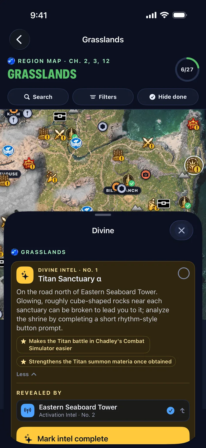 The Grasslands map with a pin open for Divine Intel No. 1, Titan Sanctuary α.
