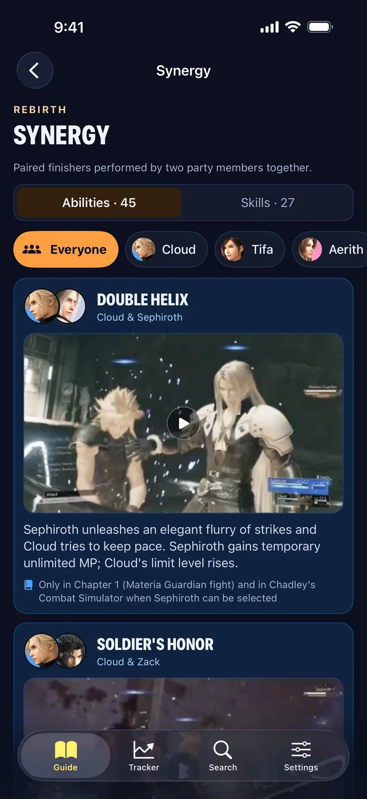 Synergy abilities, with a clip of Double Helix by Cloud and Sephiroth.
