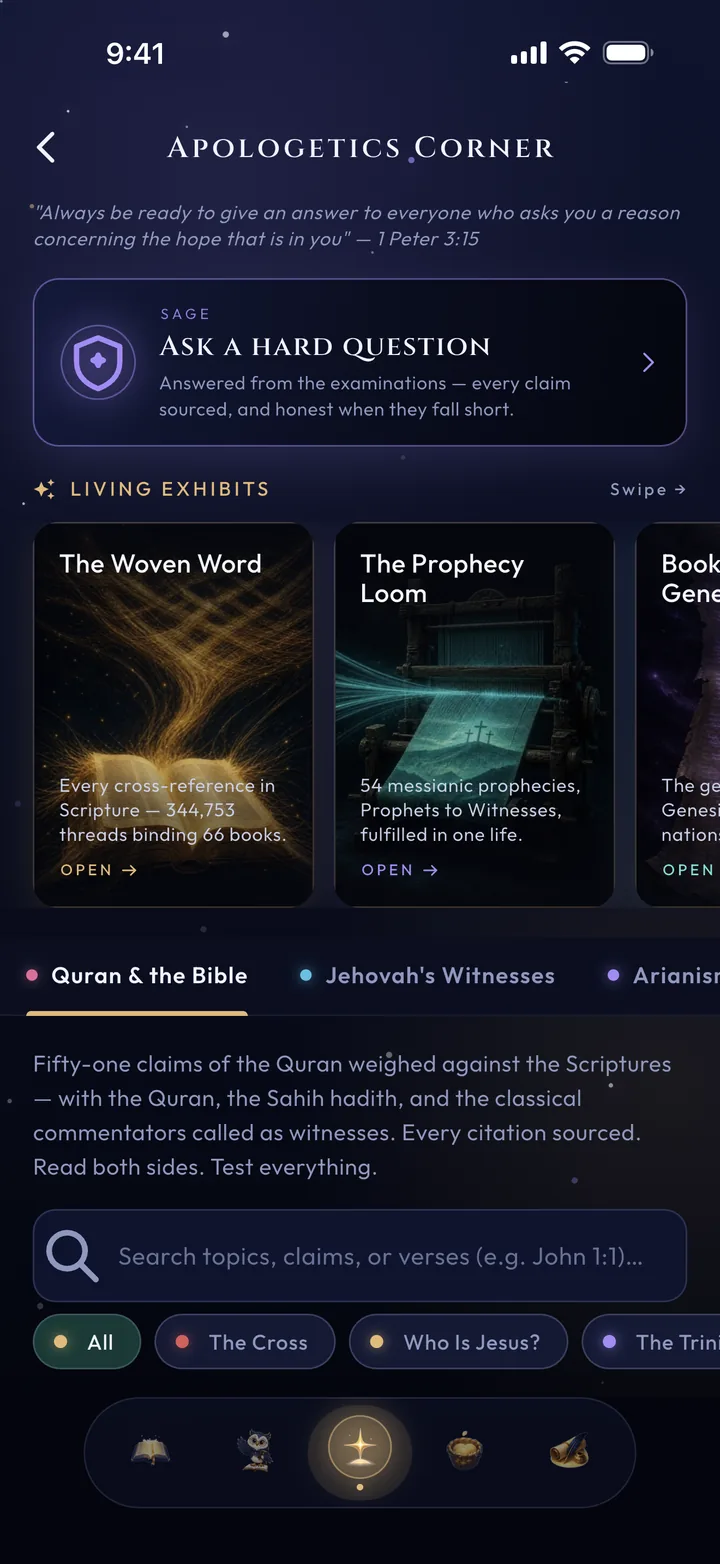 The Apologetics Corner, with the exhibits The Woven Word and The Prophecy Loom.