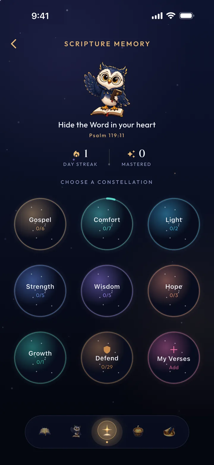 Scripture Memory, where you choose a constellation such as Gospel, Comfort, Strength or Hope.