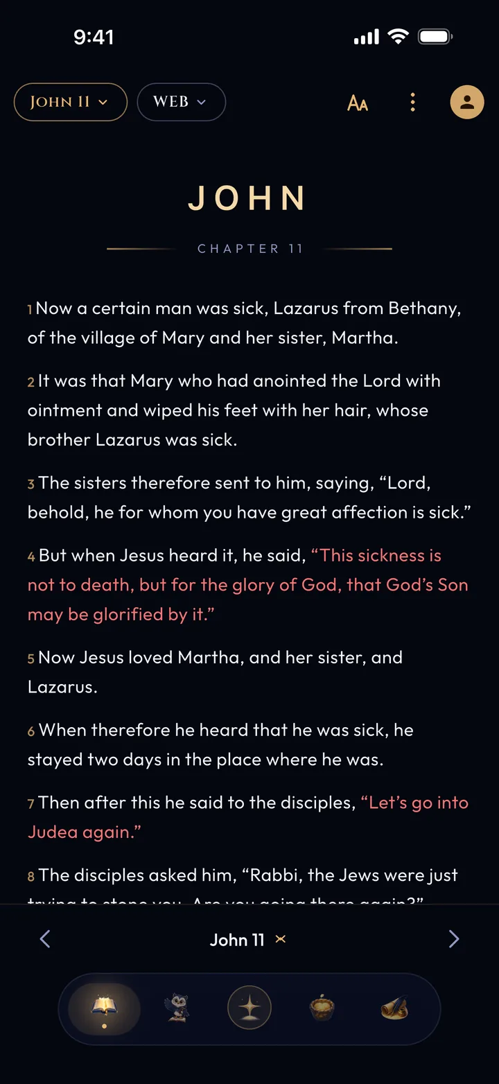 The reader open at John 11, with the words of Jesus in red.