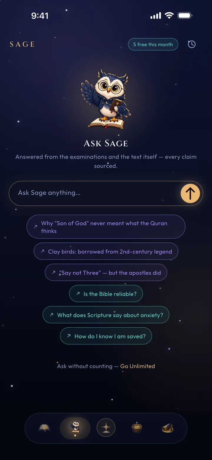 Ask Sage, with suggested questions such as “Is the Bible reliable?” and “How do I know I am saved?”
