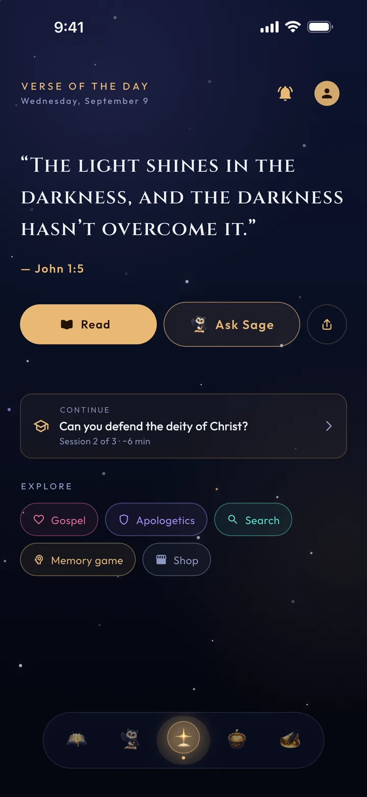 Gospel Companion's Today screen: John 1:5 as the verse of the day, with buttons to read it or ask Sage.